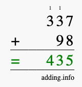 Calculate 337 + 98 using long addition