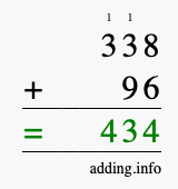 Calculate 338 + 96 using long addition