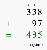Calculate 338 + 97 using long addition