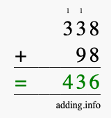 Calculate 338 + 98 using long addition