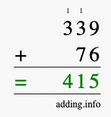 Calculate 339 + 76 using long addition