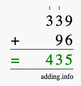 Calculate 339 + 96 using long addition