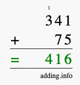 Calculate 341 + 75 using long addition