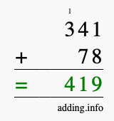 Calculate 341 + 78 using long addition
