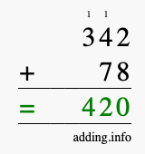 Calculate 342 + 78 using long addition