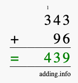 Calculate 343 + 96 using long addition