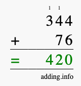 Calculate 344 + 76 using long addition