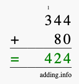 Calculate 344 + 80 using long addition