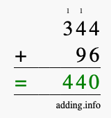 Calculate 344 + 96 using long addition