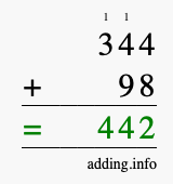 Calculate 344 + 98 using long addition