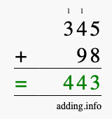Calculate 345 + 98 using long addition