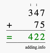 Calculate 347 + 75 using long addition