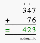 Calculate 347 + 76 using long addition