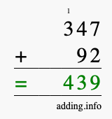 Calculate 347 + 92 using long addition