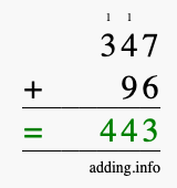 Calculate 347 + 96 using long addition