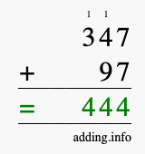 Calculate 347 + 97 using long addition