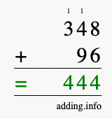 Calculate 348 + 96 using long addition