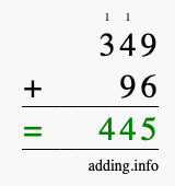 Calculate 349 + 96 using long addition