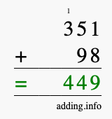 Calculate 351 + 98 using long addition