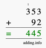 Calculate 353 + 92 using long addition