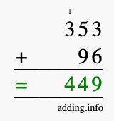 Calculate 353 + 96 using long addition