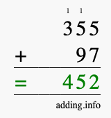 Calculate 355 + 97 using long addition