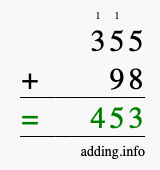Calculate 355 + 98 using long addition