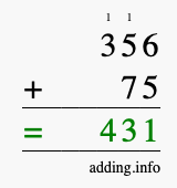Calculate 356 + 75 using long addition