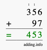 Calculate 356 + 97 using long addition