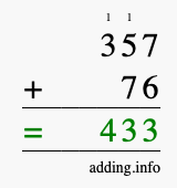 Calculate 357 + 76 using long addition