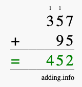 Calculate 357 + 95 using long addition