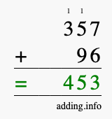 Calculate 357 + 96 using long addition