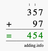 Calculate 357 + 97 using long addition