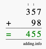 Calculate 357 + 98 using long addition
