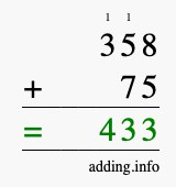 Calculate 358 + 75 using long addition