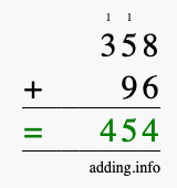 Calculate 358 + 96 using long addition