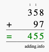 Calculate 358 + 97 using long addition
