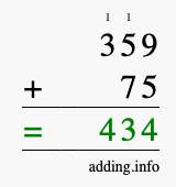 Calculate 359 + 75 using long addition