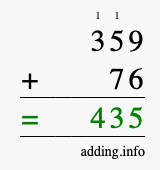 Calculate 359 + 76 using long addition