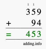 Calculate 359 + 94 using long addition