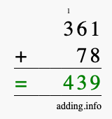 Calculate 361 + 78 using long addition