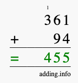 Calculate 361 + 94 using long addition
