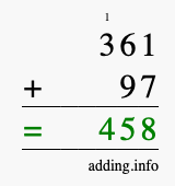 Calculate 361 + 97 using long addition
