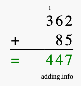 Calculate 362 + 85 using long addition