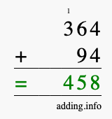 Calculate 364 + 94 using long addition