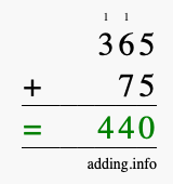 Calculate 365 + 75 using long addition