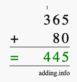 Calculate 365 + 80 using long addition