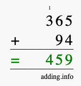 Calculate 365 + 94 using long addition