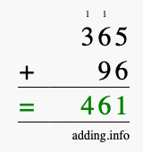 Calculate 365 + 96 using long addition