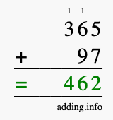 Calculate 365 + 97 using long addition